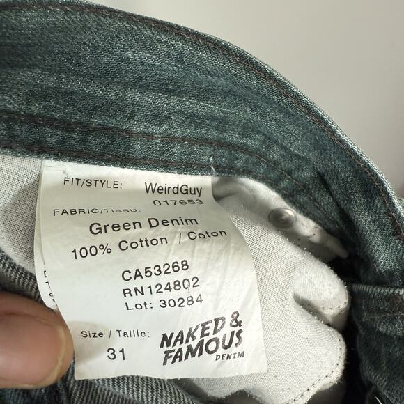 Naked & Famous Cotton Weird Guy Jeans 31X27 Green Slim Straight Button Fly - Picture 6 of 8